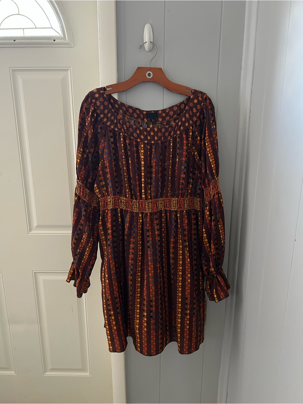 Anna Sui Long Sleeve Boho Stripe Dress in Rust, Navy & Gold